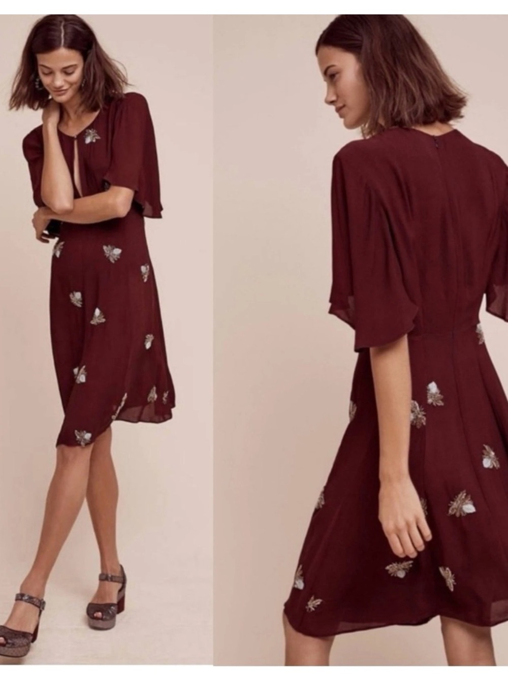 Anthropologie Moulinette Soeurs  Beaded Firefly Fit & Flare Flutter Sleeve Dress